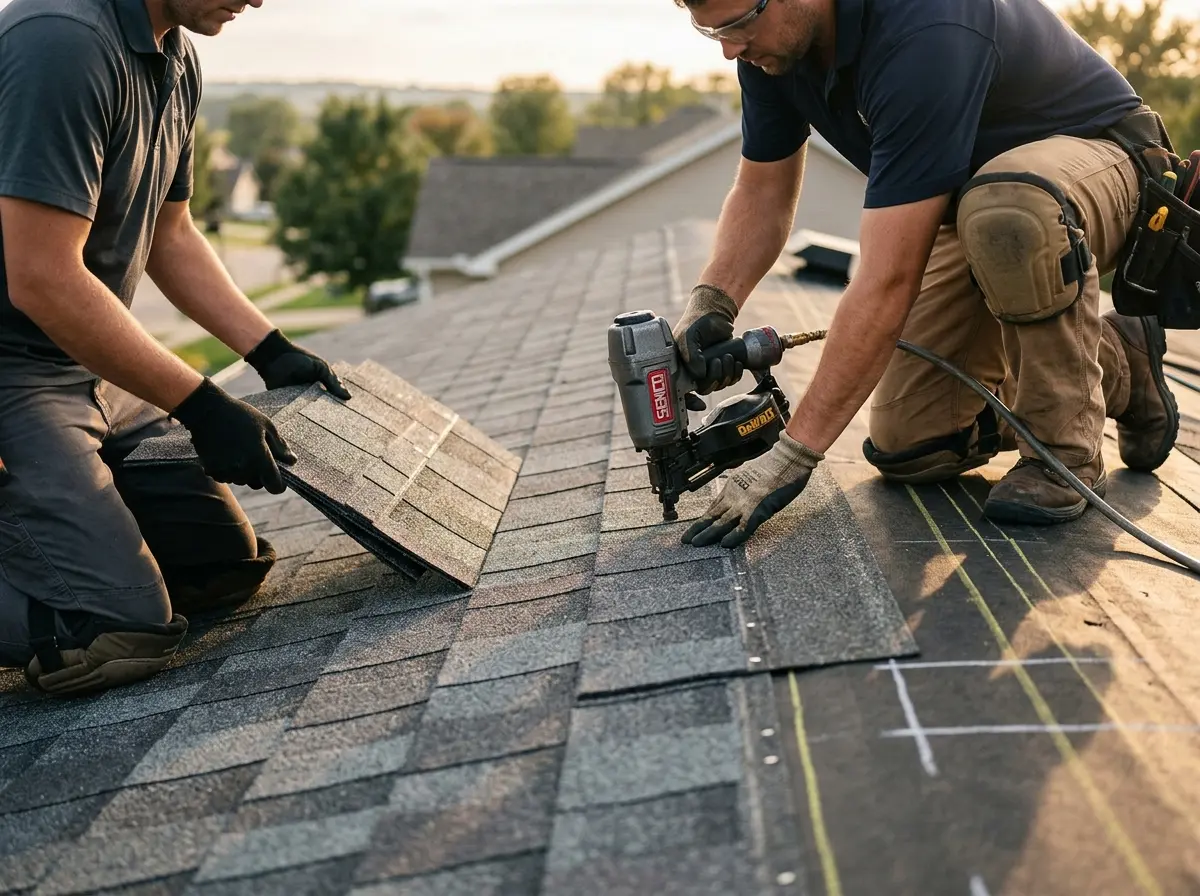 Professional roofer working on a residential roof in American Falls